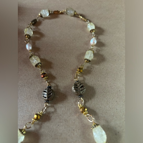 Hand crafted necklace yellow agate stones pearls African brass beads 24 inches - Picture 3 of 5